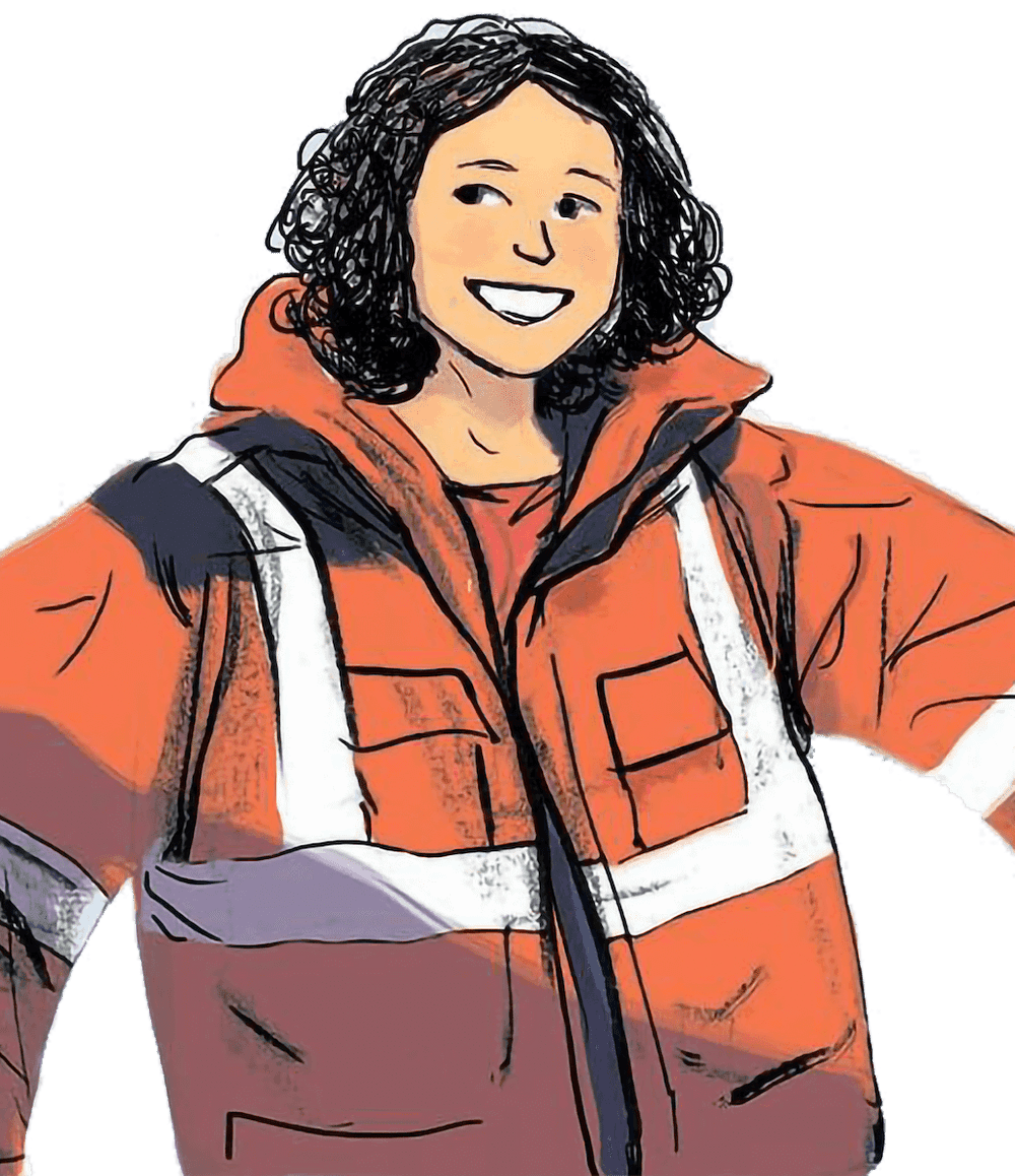 Фрагмент ілюстрації з головною героїнею, яка вдягена у завелику на неї оранжеву робочу куртку.
